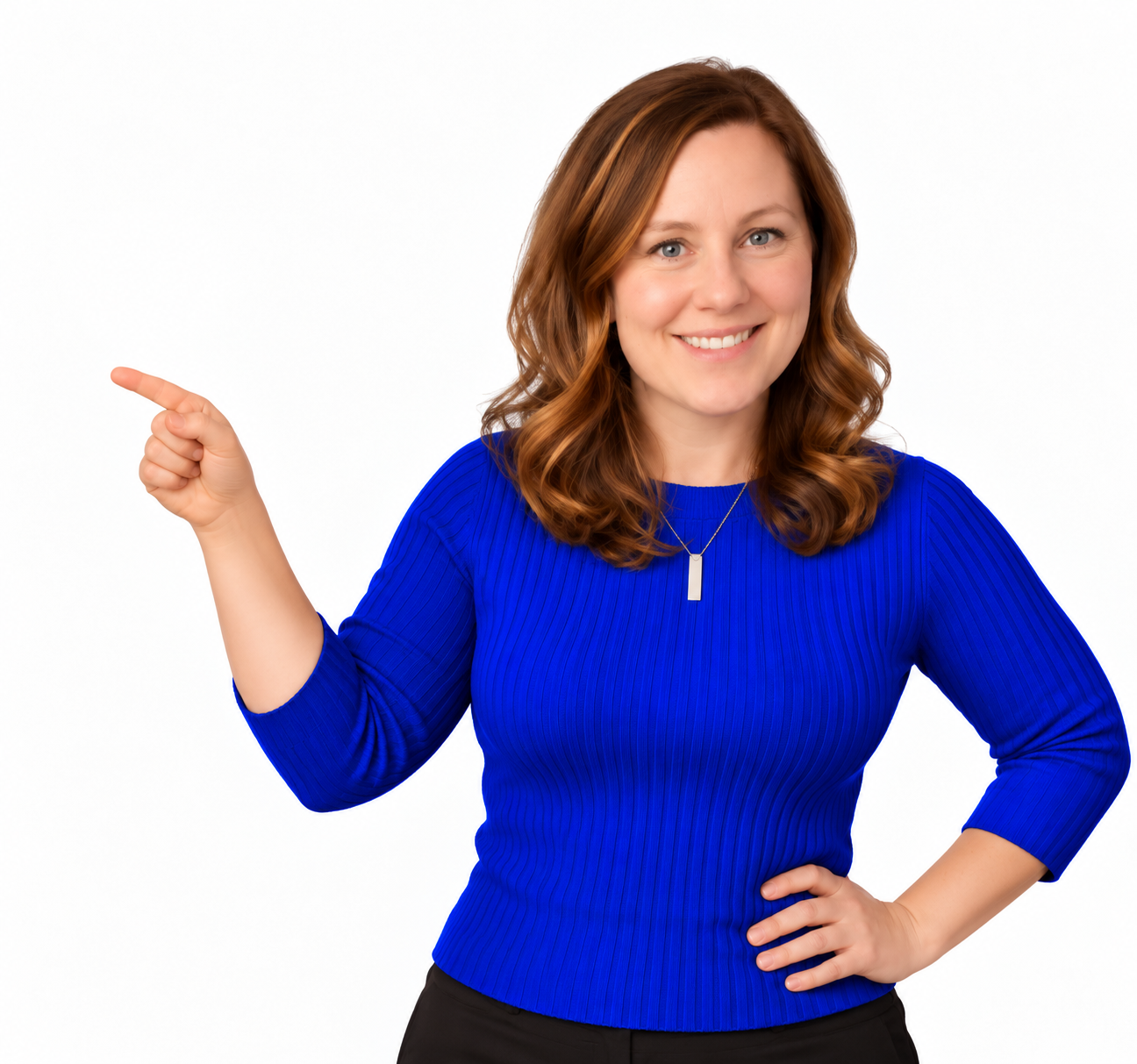 Adele Davies pointing toward information about local Medicare and insurance guidance